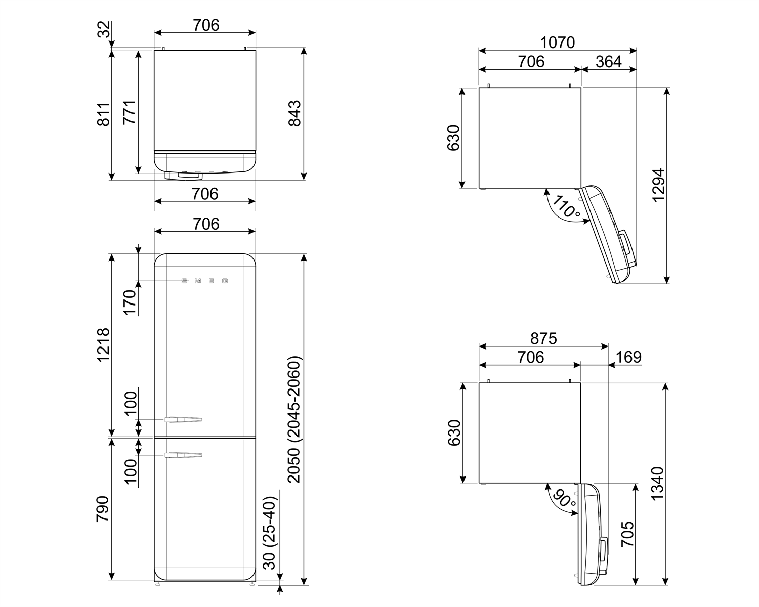 FAB38 serie 6 cerniere a destra disegno tecnico