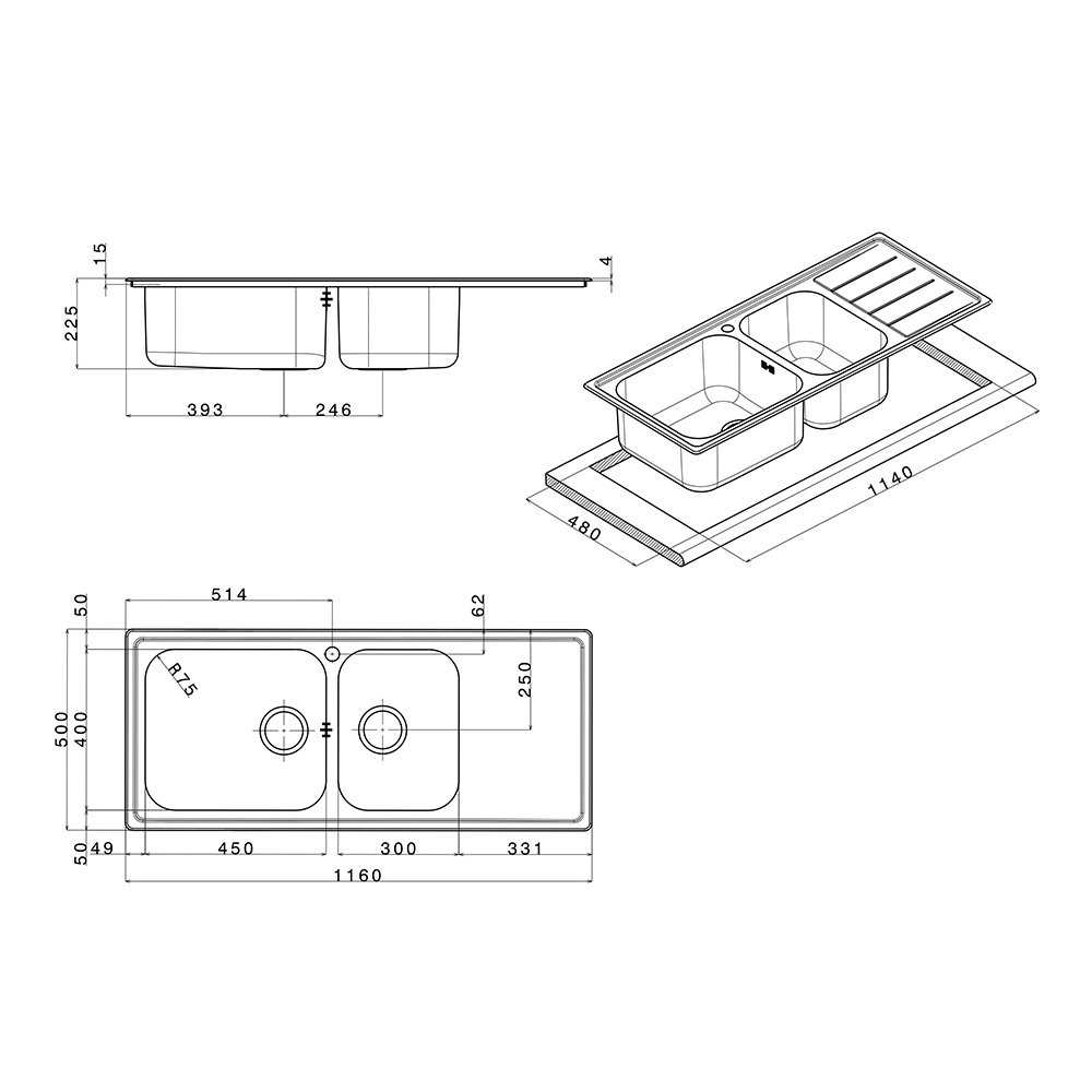 Apell LNG1162 - Lavello acciaio inox 116x50 con 2 vasche e gocciolatoio - Serie Linear - immagine 2